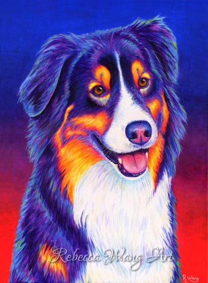 A colorful pet portrait of a tricolor Australian Shepherd dog in bright colors, including orange, blue and purple, with a blue, purple, and red background.