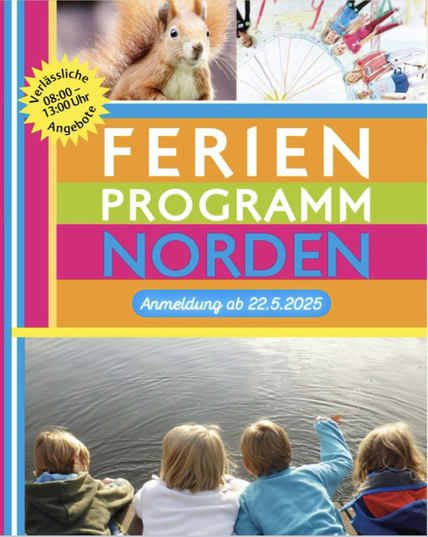 Das bunte Coverbild des Ferienprogramms mit Kinder, die am Wasser spielen