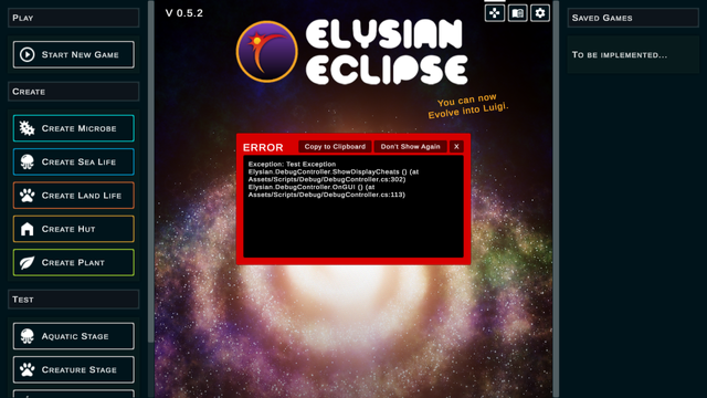 A red error window on the title screen of Elysian Eclipse. It shows a stack trace and has buttons to copy the text, close the window or hide it completely for the duration of the game session.