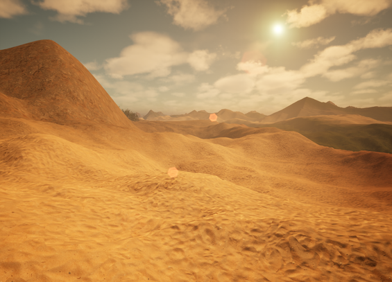 Hetzelfde woestijnlandschap als voorheen, maar dan nu met zon, zonnestralen en lens flares.