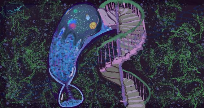 A spiral staircase leading to an orb of space that melts into the blue sand  below falling into an open hourglass. There are green against the black background.