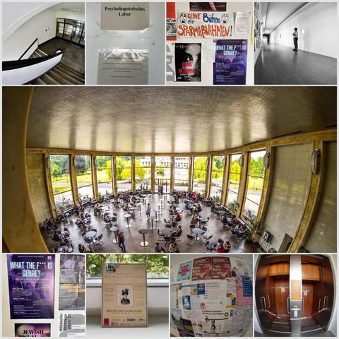 eine Collage aus neuen Bildern. Ein Blick in das Café des IG Farben Hauses mit seinen großen Fenstern. Aufnahmen von verschiedenen Plakaten, die an den Wänden hängen. Ein Bild des Paternoster, der außerbetrieb ist. Und ein Blick in das Treppenhaus mit seinem Geländer. Sowie ein Bild von mir, wie ich im Gang stehe und nach oben schaue.