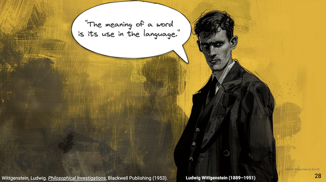 An AI-generated image of Ludwig Wittgenstein as a comic strip character. A speech bubble show his famous quote "The meaning of a word is its use in the language."
Bibliographical Reference: Wittgenstein, Ludwig. Philosophical Investigations, Blackwell Publishing (1953).
Ludwig Wittgenstein (1889–1951)
