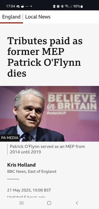 Photo of former UKIP Member of the European Parliament (MEP) Patrick O'Flynn, who has died aged 59. infront of a blurred UKIP campaign banner reading "believe in britain"