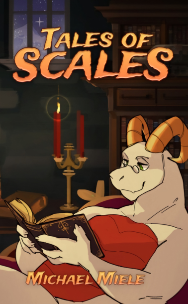 A white dragon with red scales across his chest and stomach is laying back on some pillows and reading a book he is holding in his hands. He is smiling and the light in the room is soft and cozy.
