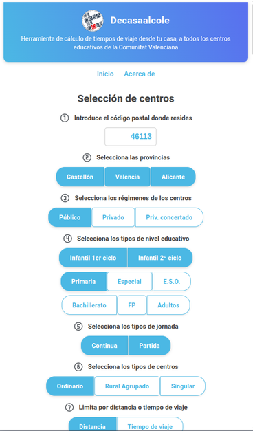 Formulario para seleccionar el código postal de partida y los criterios para filtrar coles.