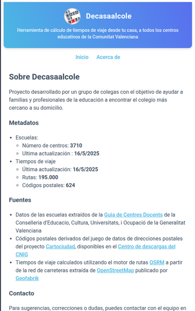 Pantallazo de la página de "Acerca de" con detalles sobre los datos, el proyecto, equipo, etc.