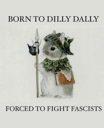 illustration by Lily Seika Jones of an adorable bun-bun carrying a book but wearing a knight's helmet & also carrying a spear. A WW2 nazi helmet is hanging from the spear. Caption reads: BORN TO DILLY DALLY FORCED TO FIGHT FASCISTS