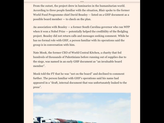 The image displays a screen capture of an article discussing a humanitarian project. It mentions various individuals, including former World Food Programme chief David Beasley and Nate Mook, the former CEO of World Central Kitchen. The text discusses their roles, associations, and…