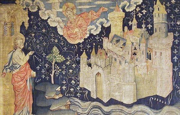 A scene from a medieval tapestry depicts John of Patmos looking to the sky, where God's messenger shows him the New Jerusalem, as described in the Book of Revelation.