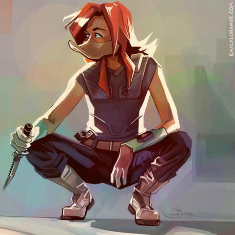 a digital painting of an anthropomorphic duck, sitting in a squat position, with one arm resting on a leg, and the other holding a hunting knife. the colors of muted, and she appears extremely backlit, looking to the left.
