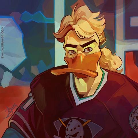 a digital painting of an anthropomorphic duck, from about the shoulders up, looking directly at the camera, wearing a maroon hockey jersey