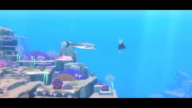A pixel art scene of sea underwater with a round-ish diver in front of a dolphin