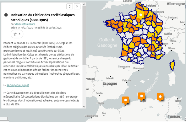 Carte de suivi du projet d'indexation collaborative du fichier des ecclésiastiques catholiques (1880-1905) : colorimétrie en fonction de l'avancement de l'indexation.