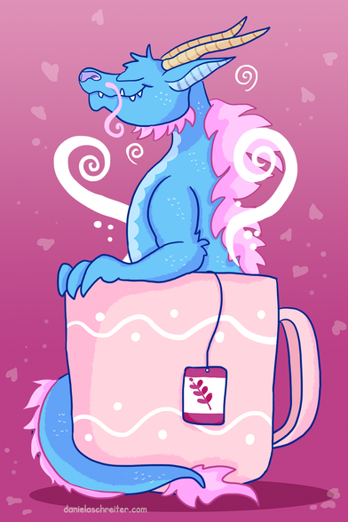 Comic-Illustration: A blue asian Dragon is sitting in a Tea cup, it looks relaxed, it’s eyes are closed. The background is pink/violet and little hearts are floating around.