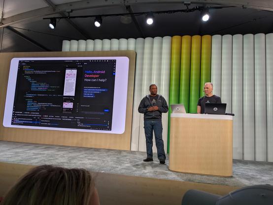 Tor and Jamal on stage for the what's new in Android dev tools talk.
