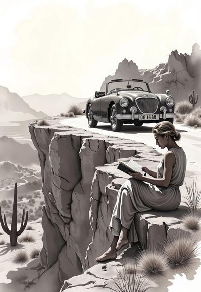 A girl reads a magazine right at the border of a cliff. A convertible car is parked in the background.