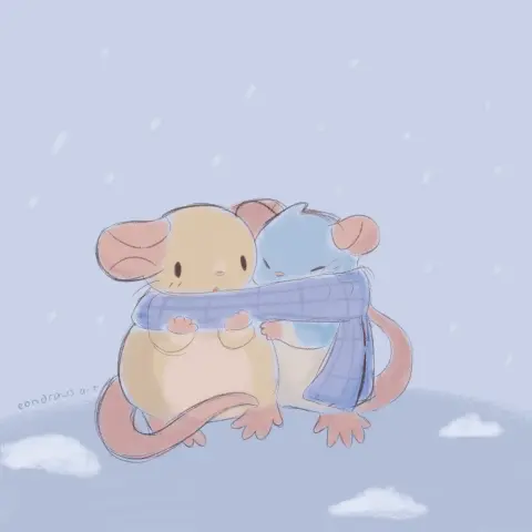 my rat OCs Star (left) and Puff (right) share a big blue scarf on a snowy day. as Star holds the scarf in place, he looks over at Puff, who is burying their face in the shared warmth of him and the scarf. Star blushes a little.