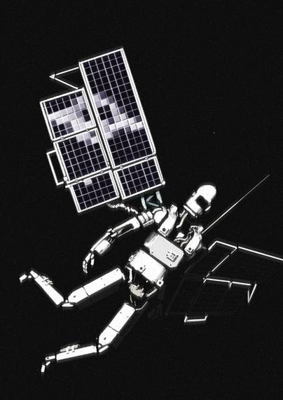 This painting depicts a humanoid robot drifting in space. Its “back” is equipped with solar panels, which rather resemble antennae or wings, giving the image something of a space satellite torn from orbit. All the action takes place against the black background of space, creating a sense of abyss and absolute loneliness.

The reflection of the accretion disk of the black hole in the solar panels is a visual symbol of the grandiose and merciless power of the cosmos.

The work is executed in a minimalistic palette: dark and metallic shades with bright white outlines prevail. 
It creates a feeling of retrofuturism or old-school science fiction comic book.