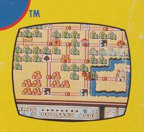 The map of World 1 as it appears on the packaging. No second mushroom house, different configuration around the halfway castle, level 3 and 4 have their numbers swapped, and one is in a different spot