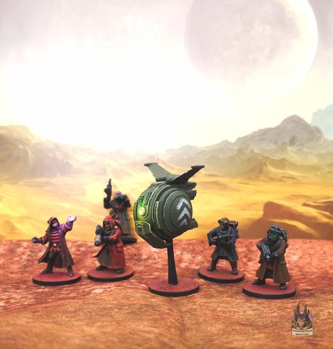 Stargrave soldiers with a drone in an alien desert setting