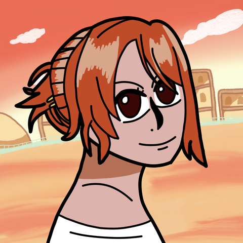 Nami from One Piece in Alabasta during a sunset.