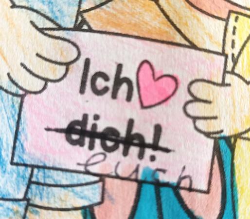 Detail aus dem vorherigen Bild, das durchgestrichtene "dich", ersetzt durch "euch".