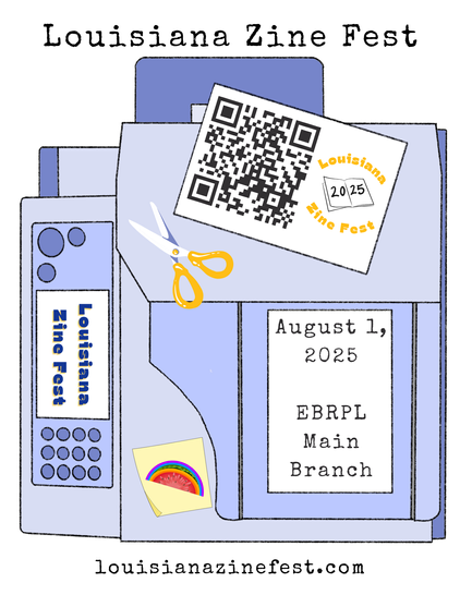 Graphic of a copy machine with scissors. Louisiana Zine Fest, August 1, 2025