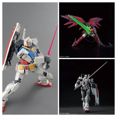A collage of promotional images for 3 Gundam model kits. The MG GTO RX-78-2 is on a large pane to the left. The RG Gundam Epyon in the top right pane. The HG RfV Gundam EX is on the bottom right pane.