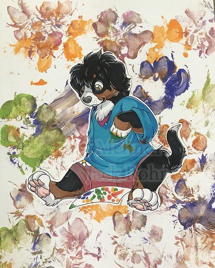 A small bernese puppy anthro finger painting. She's wearing an oversized blue t-shirt as a smock as well as a pair of red violet shorts with a daisy printed on the right leg. The background is painted with puppy paw prints in various colors like red, green and blue.