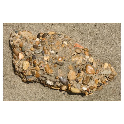 Closeup of a lump of small rocks held together by dried sand. Taken on a beach.