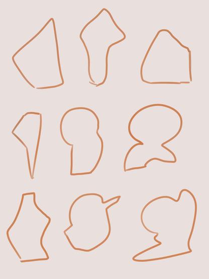 9 blob shaped form are laid down on a canvas, all slightly different