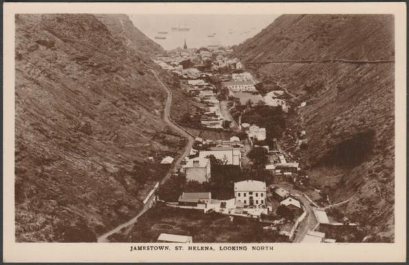 Sepia real photographic postcard showing an aerial view looking down the valley at Jamestown on St Helena.

Publisher not stated, not numbered, c.1930.

Postally unused.

Good condition, with extremely slight corner bumps and the very slightest of bends to top left.