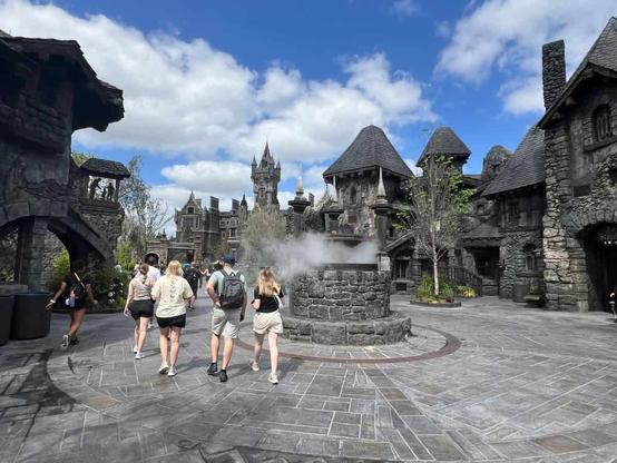 Guests walk through Darkmoor, the fictional Gothic village in Dark Universe, at Epic Universe in Orlando.