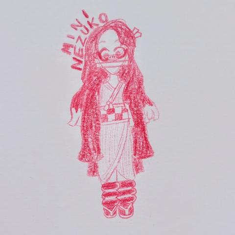 A drawing of Nezuko, a key character in Demon Slayer. She is wearing a kimono, has very long hair, and has the signature piece of bamboo strapped across her mouth.