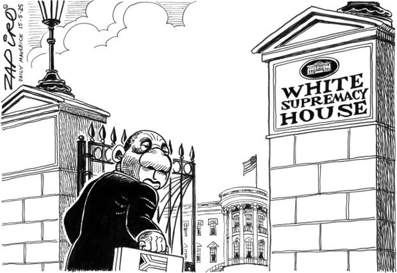 A sketch by acclaimed South African political cartoonist Zapiro showed a nervous-looking Ramaphosa heading into the "White Supremacy House."