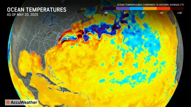An image of the Atlantic ocean on a globe. There is an outline of land (the United States on the left, and parts of Spain and Africa on the right). There are a few blue spots (representing normal or cooler than normal water temperatures), but most of the Atlantic Ocean is in yellow (slightly higher than normal water temperatures), with some spots near the East Coast of the United States in red and orange -- indicating very high water temperatures.