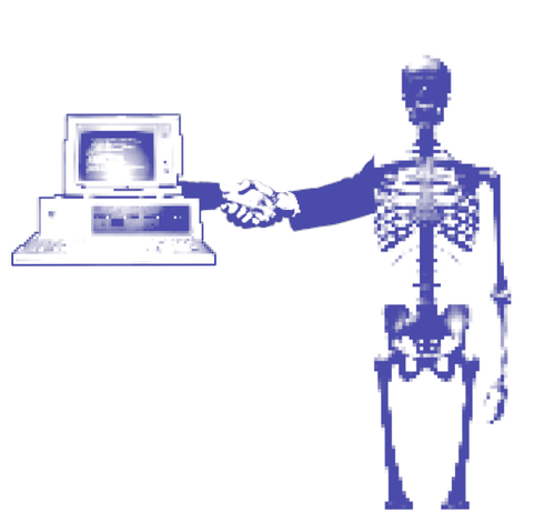 Low-quality digital collage of an old computer terminal and a human skeleton model engaging in a business-dress handshake
