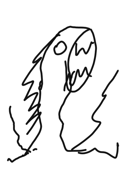 Ooze worm monster doodle squiggle arms/tendrils a big "o" mouth with pointy teeth side view and spikes on its back.