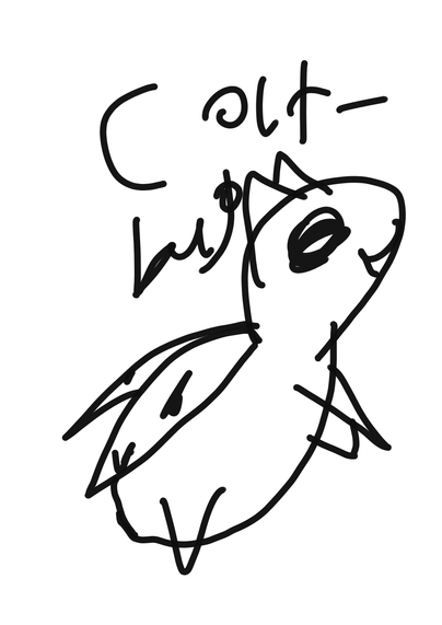 Cat bug from bravest warriors a simple black and white doodle of cat bug which has a lady bug shell black body little legs and a cat hat. The doodle has the shell open for flight and is smiling, uncolored.