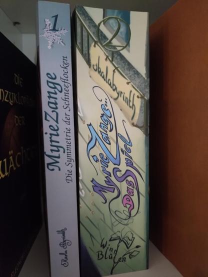 Zwei Myrie-Zange-Bände im Regal. Das eine ist hellblau mit einer 1 über einer Schneeflocke oben. Der Untertitel ist "Die Symmetrie der Schneeflocken". Unten steht noch mein alter Name drauf, der sich nicht mehr gut anfühlt.

Daneben ist der doppelt so dicke Band 2. Eine Fassade eines nerdigen Hochhauses ist darauf abgebildet. Auf einem Banner steht skalabyrinth. Ein Graffito zeigt Titel und Untertitel "Das Spiel". Darunter ist das Windblütenlogo, eine Blume, wo die Blüte ein Buch ist, aus dem Seiten davonwehen.