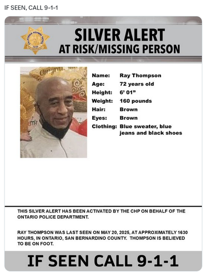 Ray Thompson
72 years old
6 ft 1 inch
160 lbs
brown hair
brown eyes
wearing blue sweater, blue jeans, black shoes. last seen in Ontario
