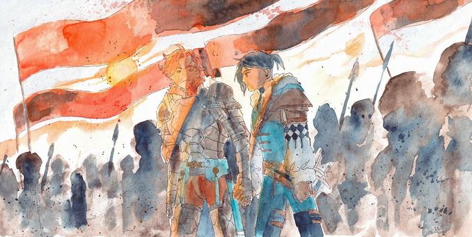 watercolor drawing of felix and sylvain from fire emblem three houses walking through the silhouettes of an army. In between the army are red flags belonging to the empire emerging. The background is an orange blue sunset. Felix and Sylvain are holding hands.