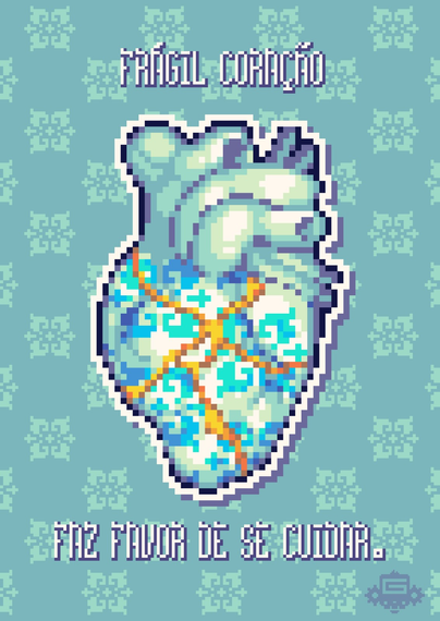 Pixelart of a heart made out of porcelain with its pieces joined together through kintsugi. The text says "Frágil coração, faz favor de se cuidar." which roughly translates to "Frail heart, please, take care of yourself."
