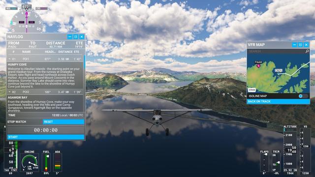 A screenshot from the game Microsoft Flight Simulator. The screenshot shows the CubCrafters XCub plane climbing. The nose of the plane resembles a smiling face.