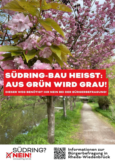 Plakat gegen den Neubau einer Straße durch ein Naherholungsgebiet in Rheda-Wiedenbrück