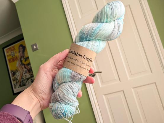 A hank of light grey and turquoise hand dyed sock yarn, with a few darker turquoise speckles here and there. The ball band says "Cookston Crafts, hand dyed in Aberdeenshire". 

In the background you can see a bit of our living room with cozy green walls and a giant Attack of the 50 Foot Woman movie art poster.