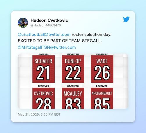 @chatfootball roster selection day. EXCITED TO BE PART OF TEAM STEGALL. @MiltStegallTSN https://t.co/cvMxYIveq5