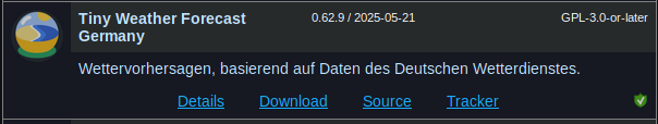 screenshot of the listing for Tiny Weather Forecast Germany, showing the green shield of a successful reproducible build in the lower-right corner