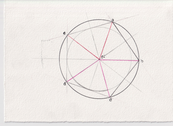 A rendering negotiated from book IV proposition 14 of Elements (1482 print-edition).

A pentagon that has a circle circumscribed about it, and also, a circle inscribed within it. There are five straight lines in colors widely ranging from dark pink to red, which connect each of its 5 corners to its center, amid various mostly-nonrequisite pencil-made guidelines.